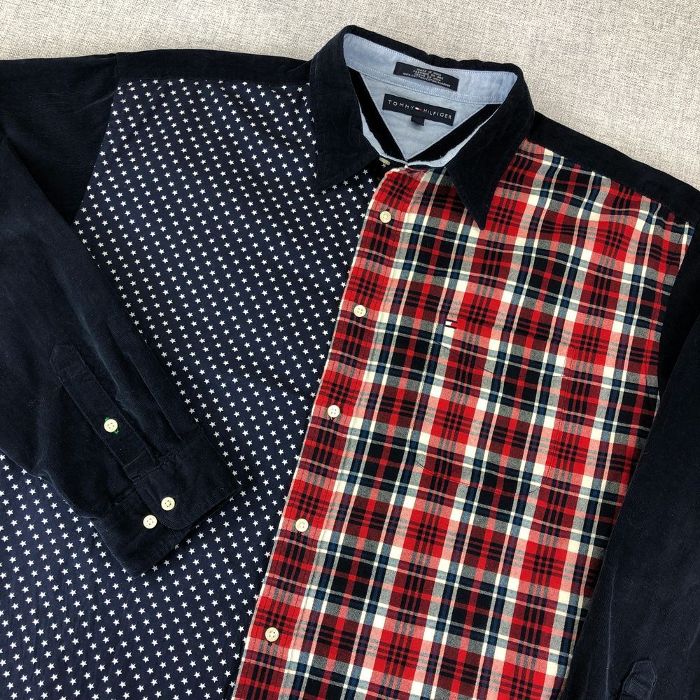 Vintage Y2K Tommy Hilfiger Shirt Mens XL Corduroy Stars Plaid USA Long‎ Sleeve